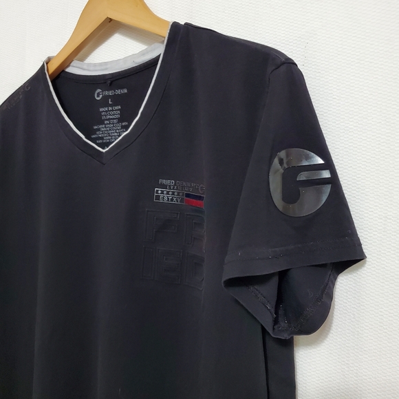 Fried Denim Graphic Embossed V-Neck T-Shirt - Picture 2 of 6